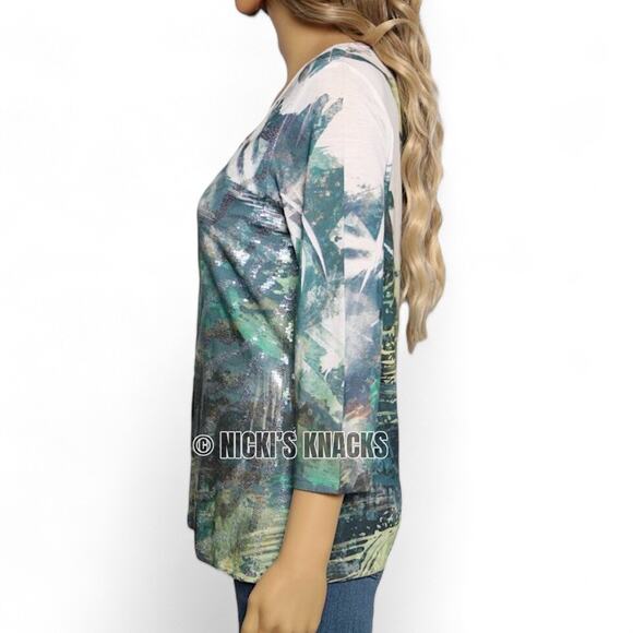 Coldwater Creek Multicolor Abstract Sequin Embellished 3/4 Sleeve Top Size XS - Picture 4 of 9